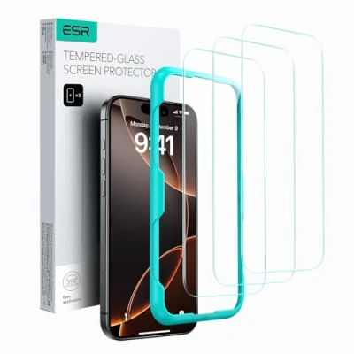 Imagen de ESR Protector Pantalla para iPhone 16 Pro Max, 3 Unidades, Película Cristal Templado, Herramienta Instalación Fácil, Dureza 9H, Protección Grado Militar, Transparencia HD, Resistente a Arañazos