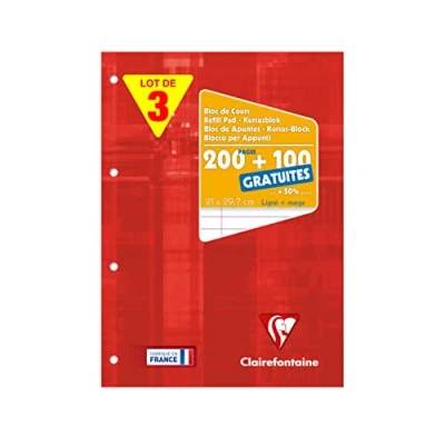 Imagen de Clairefontaine 65818AMZC Juego de 3 bloques curso perforados (A4, 21 x 29,7 cm, 200 páginas + 100 gratis), color blanco