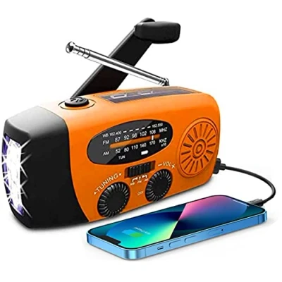 Imagen de Radio Solar, de manivela portátil Dynamo con Am/FM, Linterna LED 2000mAh Recargable Cuerda para Emergencia, Cargador teléfono móvil USB Acampar al Aire 2000 Mah