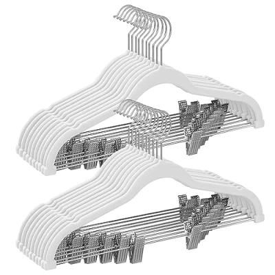Imagen de SONGMICS Perchas para Pantalones, 10 de Terciopelo, 42,5 cm Largo, con Clips Ajustables, Antideslizantes, Ahorra Espacio, Abrigos, Vestidos, Blanco CRF012W10