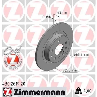 Imagen de ZIMMERMANN COAT Z 430.2619.20 Disco de freno 278 10 8/5 5 110 macizo revestido OPEL: Astra H GTC, Hatchback, Zafira B, VAUXHALL: Mk5