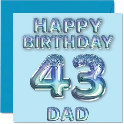 Imagen de Tarjeta de cumpleaños número 43 para papá, globos fiesta con purpurina azul, tarjetas feliz papá años, padre hijo e hija, felicitación 145