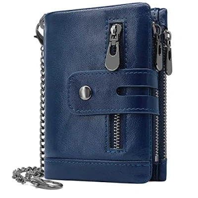 Imagen de Cartera Hombre Monedero de Cuero con RFID Bloqueo Billetera Piel y Cremallera, Billeteras Bifold Hombres 16 Ranuras para Tarjetas Carteras Cadena (azul marino)
