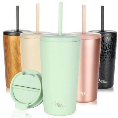Imagen de Milu Termo Cafe 300ml, 400ml, 500ml Vaso Termico Antigoteo, Taza Termica acero inox sin BPA, Insulated Mug para llevar (Lily green, 500ml)