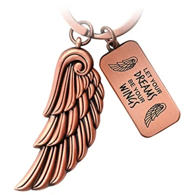 Imagen de FABACH llavero con alas de ángel, amuleto la suerte, ángel guarda, colgante Let Your Dreams Be Wings, Oro rosa envejecido.