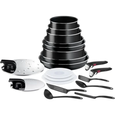 Imagen de Tefal Ingenio Easy On Juego de 20 piezas 3 Sartenes antiadherentes + 4 cacerolas 7 tapas 5 accesorios 2 Mangos extraíbles, revestimiento titanio, Thermo signal