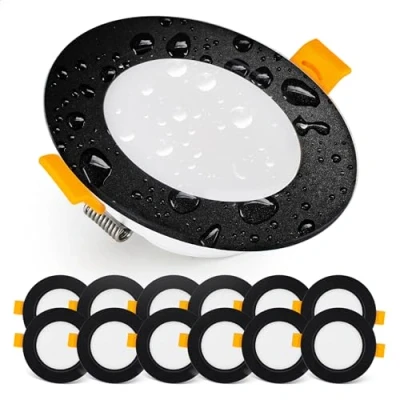 Imagen de EMOS Downlight LED techo Empotrable 5 Watt / 500 Lumen Focos impermeable IP54 para uso exterior e interior, blanca calido 3000k Juego de 12 Ojos Buey ultraplano, redondo, negro