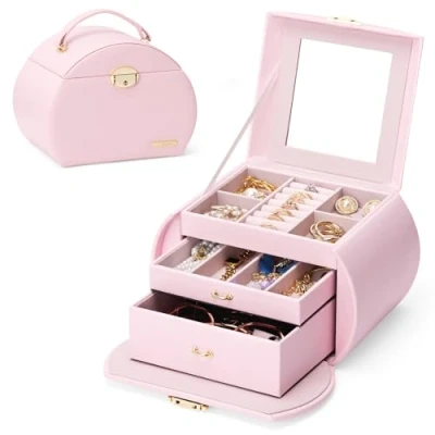 Imagen de YORBAY Joyero de 3 Niveles con Cerradura y Espejo Serie Seelux para Collares, Relojes, Anillos, Pulseras, Pendientes (Rosa Claro + Dorado)