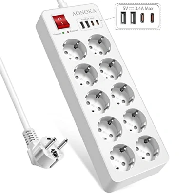 Imagen de Regleta 10 Tomas USB C,Regletas Enchufes con Interruptor Proteccion contra Sobrecargas y Cortocircuitos, Alargador Múltiples Protección Infantil Ladron Cable 1.5m Blanco