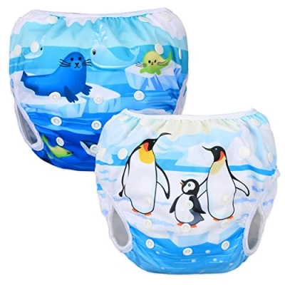 Imagen de Luxja Pañal de Natación para Bebes Bañador Reutilizable Nadar Bebé Lavable (0 3 años), Pingüino + Animales del Mar