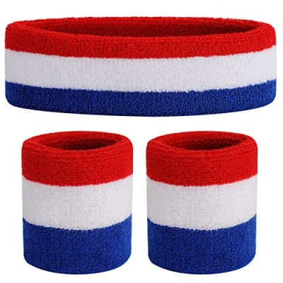 Imagen de ONUPGO Juego de bandas para el sudor niños, banda deportiva algodón deportes (1 diadema + 2 pulseras) (rojo/blanco/azul)