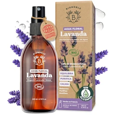 Imagen de BIONOBLE Hidrolato de Lavanda Orgánico Calma, Purifica y Regula el Acné Agua para Rostro, Cuerpo Cabello 100% Origen Natural, Sin Alcohol Botella Vidrio con Spray 200ml