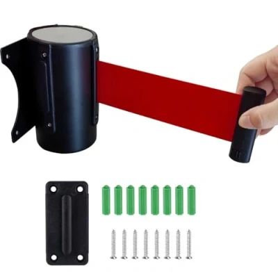 Imagen de Barrera de cinturón retráctil montada en la Pared 2M/3M/5M/10M Carcasa Negra Resistente con Seguridad Rojo Cualquier condición climática(5M/16.4FT)