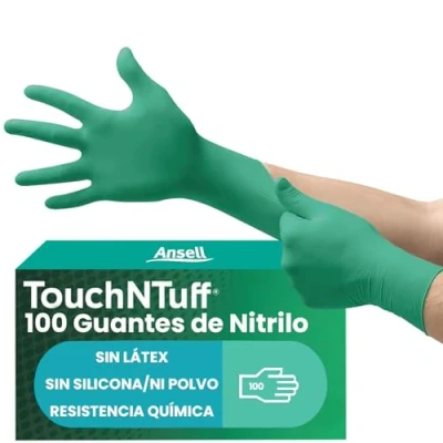 Imagen de Ansell TouchNTuff 92 600 Guantes Desechables de Nitrilo, Sin Polvo, Alta Protección Química y Mecánica, Seguridad Alimentaria, Multiusos Profesionales, Verde, Talla L (100 Guantes)