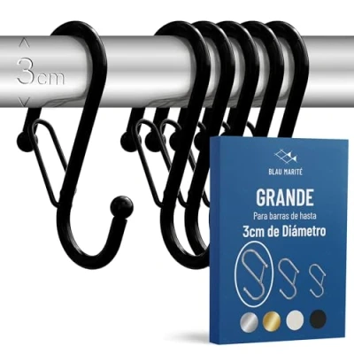 Imagen de Blau Marité 6 Ganchos en Forma de S con Sistema Anticaída. Largo: 10 cm. para Barras hasta 3cm diametro. Ayuda la organización y almacenaje del hogar. (Negro, Grande)