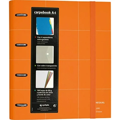 Imagen de Grafoplás 88102952. Carpeta con Recambio, 100 Hojas de 90 Gramos, 4 Separadores Extra Gruesos y Sobre Transparente, A4, Naranja, Carpebook Unequal Grid