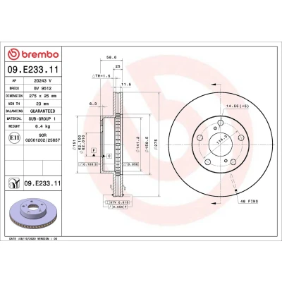 Imagen de BREMBO 09.E233.11 Disco de freno 275 25 5 ventilación interna revestido