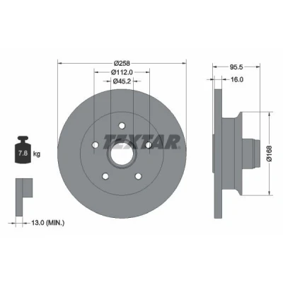 Imagen de TEXTAR 92053000 Disco de freno 258 16 05/05 112 macizo sin perno sujeción rueda, con buje rueda VOLKSWAGEN: TRANSPORTER 3 Bus