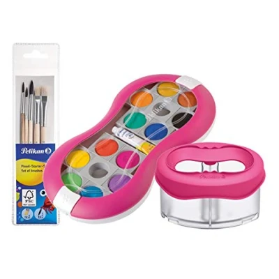 Imagen de Pelikan Caja de pintura para cubierta 735 SP/12 con 12 colores y 1 tubo cobertura/iniciador (magenta vaso agua espacial + juego pinceles), 7 piezas