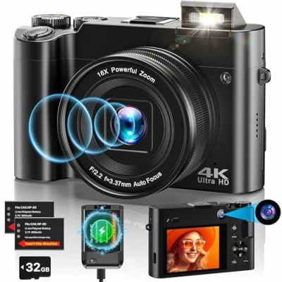 Imagen de VAHOIALD Cámara Digital 4K, 64MP Camara de Fotos con 32G Tarjeta, Autofocus Compacta 16X Zoom 2.8&#039;&#039; écran IPS, Flash, Chargeur &amp; 2 Batteries pour Enfants, Principiantes
