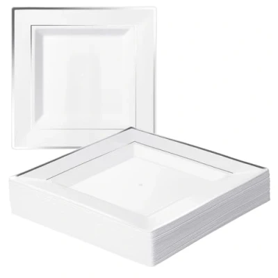 Imagen de MATANA 20 Platos Cuadrados de Plástico Blanco con Borde Plateado, 24cm Elegantes, Resistentes y Reutilizables Bodas, Cumpleaños, Navidad, Barbacoas, Fiestas