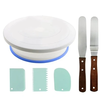 Imagen de TIMESETL 360 Plato Giratorio de la Torta con Anillo Antideslizante + 2pcs Acero Inoxidable Espátulas 3pcs Paletas Plástico para Repostería Soporte Decoración Pasteles 28/23/13cm