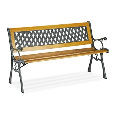 Imagen de Relaxdays Banco Jardín, 2 Plazas, Madera Hierro Fundido, Balcón, Terraza, Rústico, 73x125x52 cm, Marrón Natural y Verde, 1 Pieza
