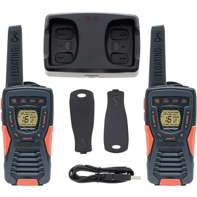 Imagen de Cobra AM1055 Paquete de 2 walkie talkies flotantes Impermeables con Linterna LED integrada, VOX, VibrAlert, Alcance hasta 12 km, más 968 Canales, función Ahorro energía y baterías