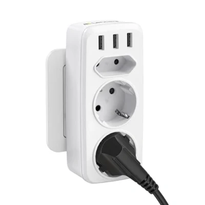 Imagen de LENCENT Ladron Multiple Portátil, 4000W, de Pared con 3 Puertos USB, 2 Clavijas Schuko y 1 Enchufe EU, Familia, Cocina Oficina