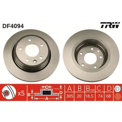 Imagen de TRW DF4094 Disco de freno 305 20 5 121 ventilado barnizado JAGUAR: XK 8 Cabrio, XJ Berlina, Coupé