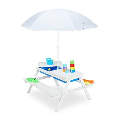 Imagen de Relaxdays Grupo Mesa Pícnic Infantil con Sombrilla, Mesita Niños 2 Bancos Madera, para Juegos Arena y Agua, Blanca, Poliéster, 49 x 86 92,5 cm