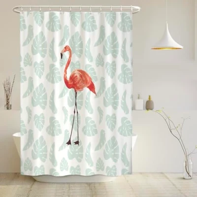 Imagen de arteneur® Cortina de Ducha 180x200 Baño Antimoho Tela, Impermeable, Lavable y Opaco con Dobladillo Ponderado Anillas (Flamenco)