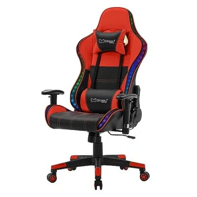 Imagen de ML Design Silla Gaming Roja Ergonómica con Iluminación LED RGB y Altavoces Bluetooth Asiento Giratorio PU Imitación Cuero Racing Gamer Ajustable en Altura Reposabrazos Reposacabezas, Cojín Lumbar