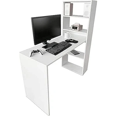 Imagen de Duérmete Online Blanco, Mesa de Escritorio con Estantería, Mesas para Ordenador, Color, Práctica y Funcional, Madera, 122 x 53,2 140 cm