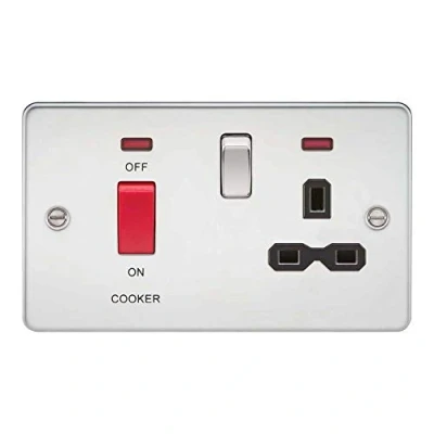 Imagen de Knightsbridge FPR8333NPC Interruptor de placa plana DP y enchufe conmutado con neón, cromo pulido inserto negro, 45 A/13 A