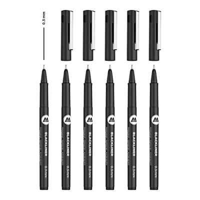 Imagen de Molotow Blackliner 0,3 mm (punta fina con tinta permanente, sin documentos), 6 unidades, color negro, 1 unidad (6 unidades)