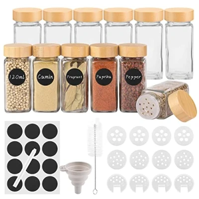 Imagen de Withosent 12pcs Botes Especias Cristal, 120ml Hermeticos Tarros Cristal con Tapa de Madera Rosca, Frascos Especiarias Cuadrados, Spice Jars Tamiz, Etiquetas, Embudo