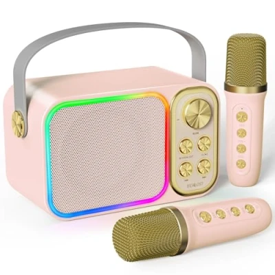 Imagen de BESCOST LED Karaoke 2 Micrófonos Inalámbricos, Infantil Profesional, Máquina de Portátil Bluetooth con 7 Efectos Voz Cambiantes, Batería Recargable Incorporada