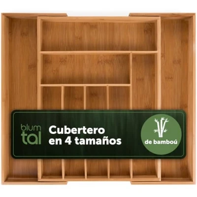 Imagen de Blumtal organizador cubiertos de bambú cuberteros para cajon cocina ajustable cajones 7 a 9 compartimentos cubertero grande