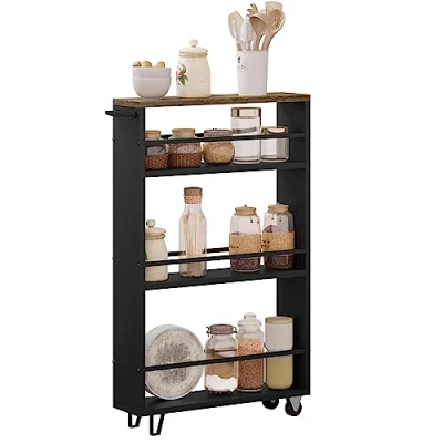 Imagen de WOLTU Carrito de Cocina con 3 Niveles, Carro Auxiliar Ruedas, Estanteria Estrecha Almacenamje en Madera y Metal, Frenos Asa, Marrón Rústico Negro RW050rbs