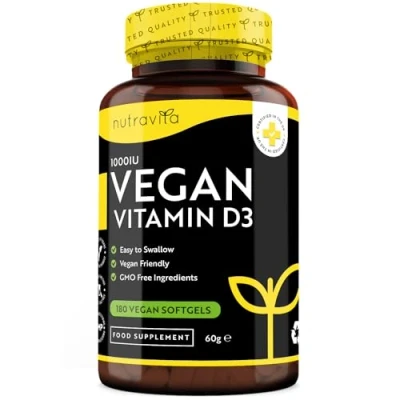 Imagen de Vitamina D3 Vegana 1000 UI (25ug) 180 Cápsulas Veganas de Derivadas del Liquen para el Mantenimiento un Sistema Inmunitario, Músculos, Huesos y Dientes Sanos Hecho por Nutravita