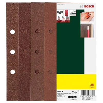 Imagen de Bosch 2607019501 Paquete de 25 lijas para lijadoras orbitales (93 x 230 mm, 8 perforaciones Black &amp; Decker, grano 60, 80, 120, 240)
