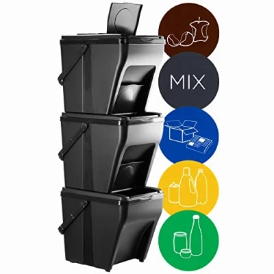 Imagen de KADAX Sistema de separación basura, cubo modular plástico, reciclaje para cocina y baño, caja surtida, basura orgánico, clasificador (3 x 25 L), Negro