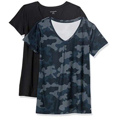 Imagen de Amazon Essentials Camiseta técnica elástica de Manga Corta y Cuello en Pico (Disponible Tallas Grandes) Mujer, Pack 2, Azul Marino Camuflaje/Negro, M