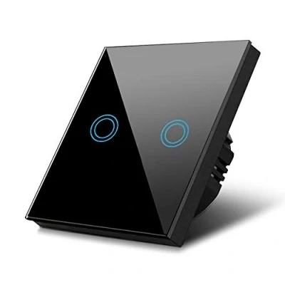 Imagen de Interruptor de luz táctil, doble, vidrio, negro con botón redondo dimensiones 86x86 mm, iluminación Maclean Energy MCE704B
