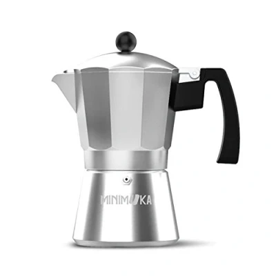 Imagen de Minimoka 12 Cafetera italiana, tazas, base y filtro de acero inoxidable, mango ergonómico, válvula seguridad, cierre silicona para mayor apta para: vitro,eléctrica gas