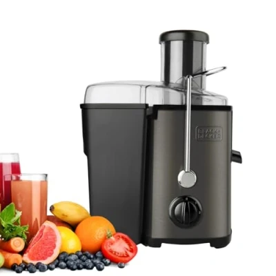 Imagen de Black+Decker BXJE600E Licuadora de 600 W para verduras y frutas, extractor zumo en acero inoxidable, boca 62 mm, 2 velocidades, depósitos pulpa