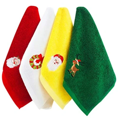 Imagen de Yunobi Juego de 4 toallas mano Navidad, 100% algodón puro Navidad diseño bordado lavabo para baño cocina decorativa