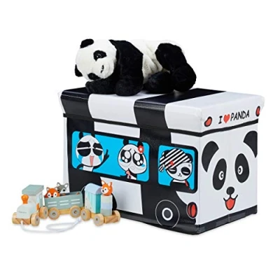 Imagen de Relaxdays Caja Plegable para Juguetes, Pandas, Baúl Almacenamiento con Tapa, Acolchado, 34 x 49 31 cm Aprox, Blanco, Gomaespuma