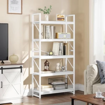 Imagen de YITAHOME Librería de 5 Niveles, estantería Industrial, Independiente, Estante Madera y Marco Metal, Almacenamiento para Sala Estar, Oficina en casa, Blanco Puro